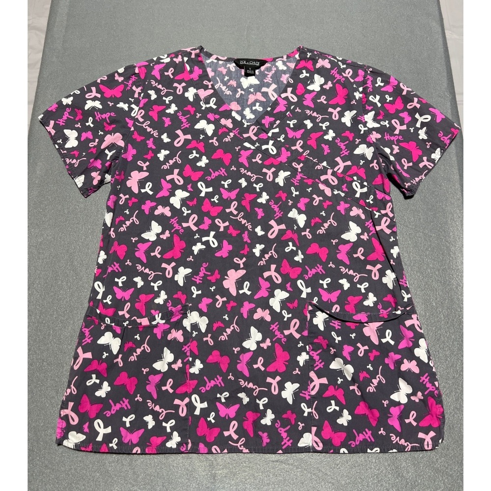 Zoe + Chloe Pink Ribbon Butterfly Breast Cancer Awareness Scrub Top Z14202 S